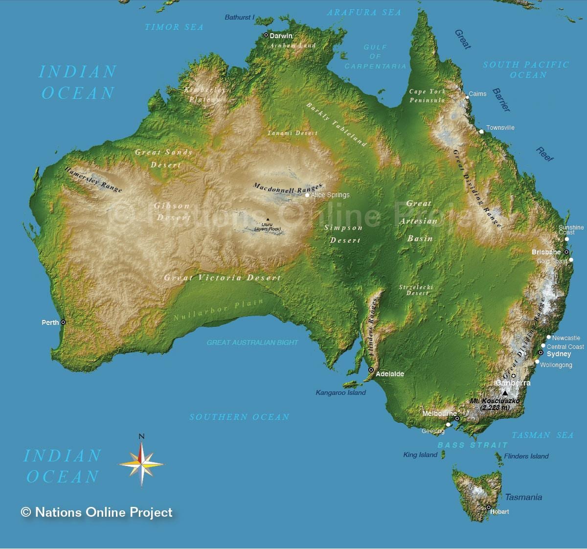 mapa de elevación de Australia