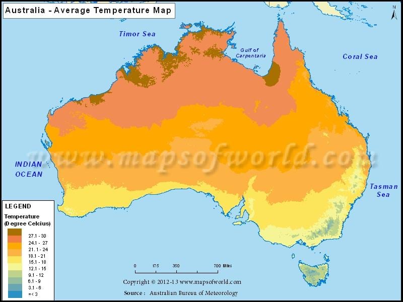 mapa de temperaturas en Australia