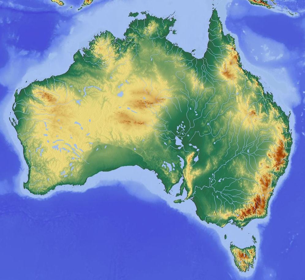el mapa topográfico de Australia