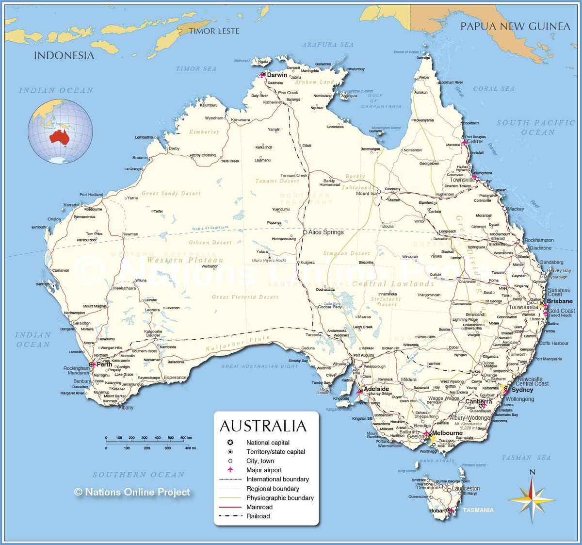 Mapa de Australia con ciudades