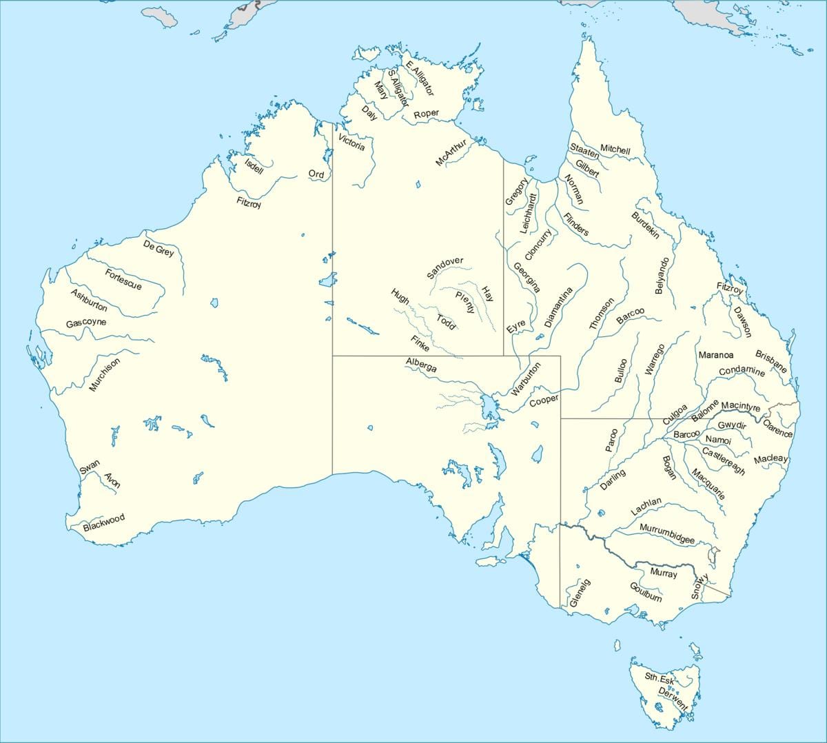 los ríos en el mapa de Australia