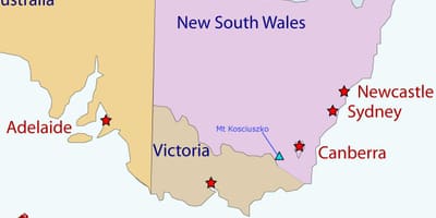El monte Kosciuszko, en un mapa de Australia